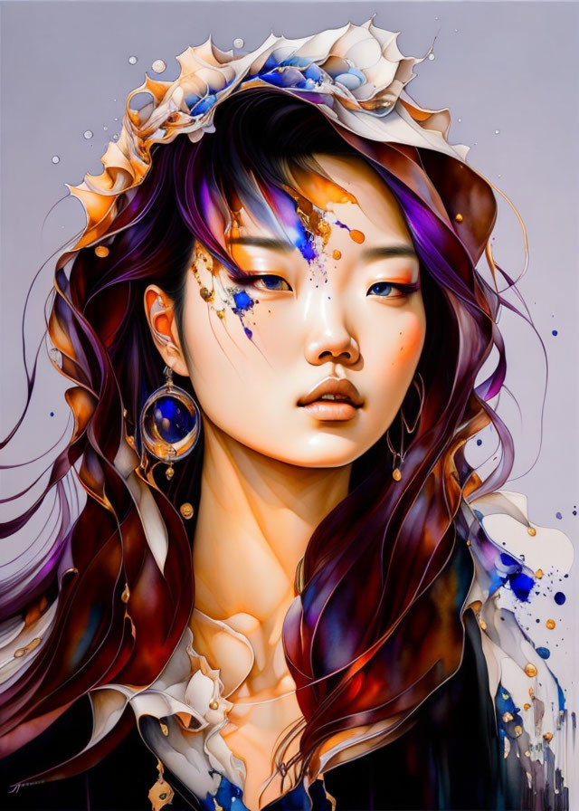 Illustration of woman with purple hair and paint splatter effects, wearing ornate earring.