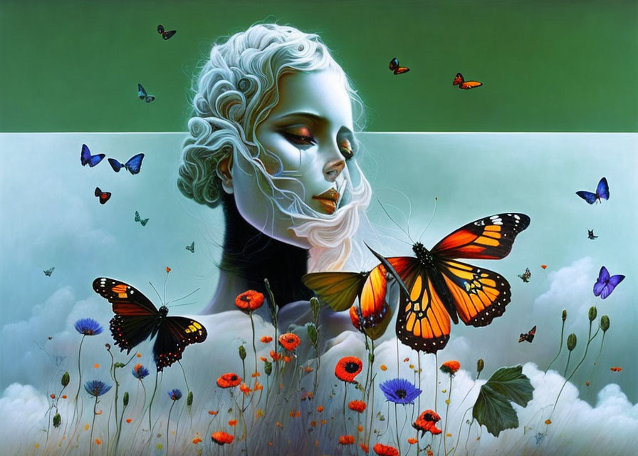 Surreal portrait: woman's face merges with landscape, butterflies and flowers blend boundary