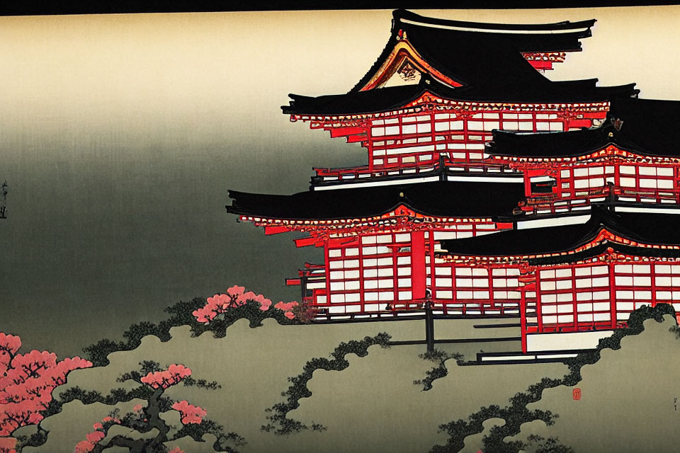 Japanese Woodblock Print: Red & Black Pagoda with Cherry Blossoms