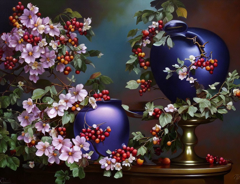 Vibrant pink flowers and red berries in still life painting with blue vases