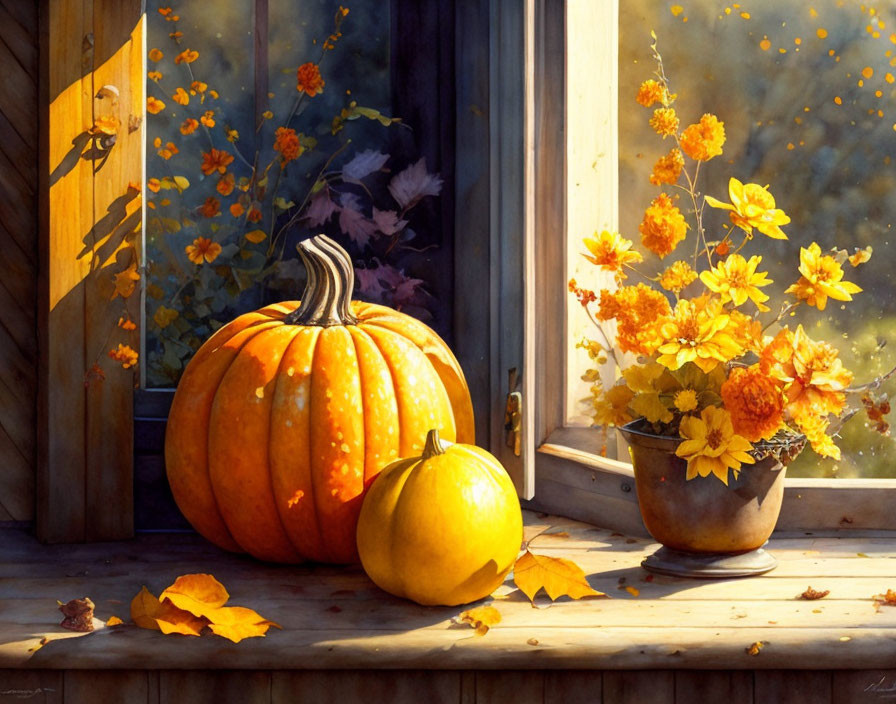 Realistic painting of pumpkin and squash on wooden windowsill with autumn leaves and flowers