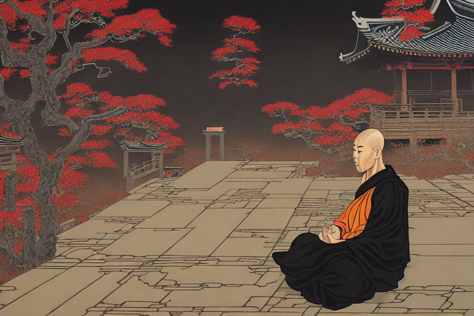 Monk meditating in orange and black robes at traditional temple