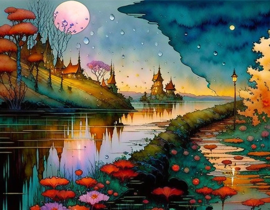 Colorful Painting of Mystical Landscape with Lanterns, Castles, River, and Pink Moon