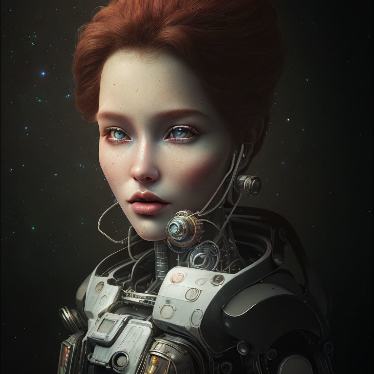 Female android with blue eyes and red hair in space-themed illustration