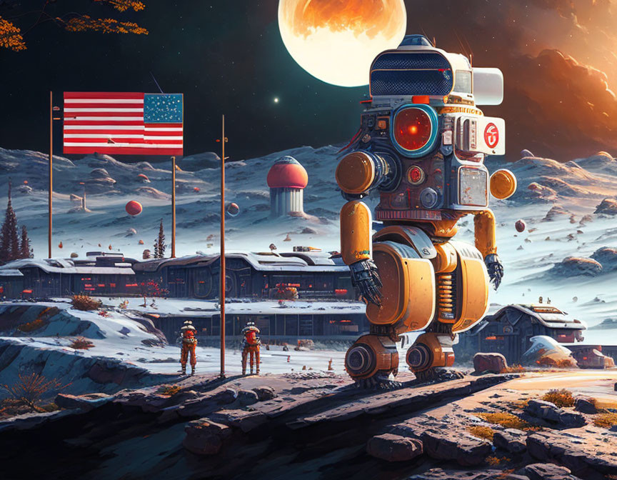 Futuristic lunar landscape with astronauts, robot, train, and American flag