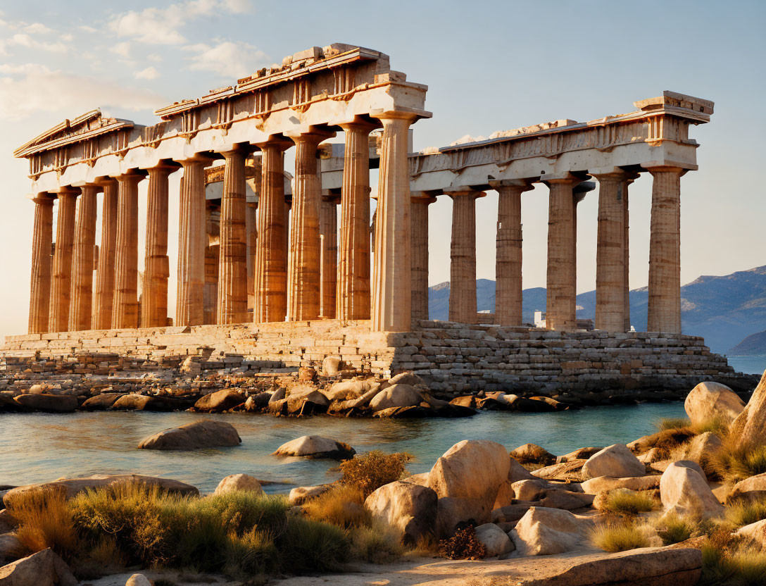 Ancient Greek temple ruins with Doric columns by the sea under warm sky.