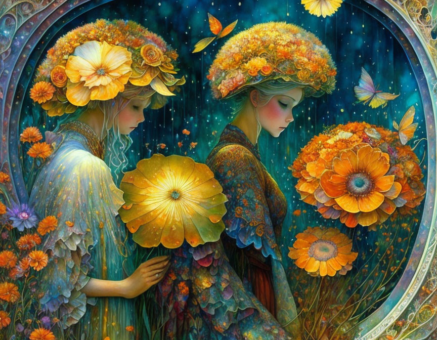 Ethereal women with flowers and parasol in fantastical setting