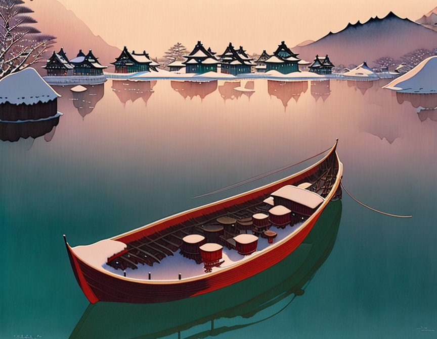 Serene red boat on calm lake with Asian buildings and misty mountains