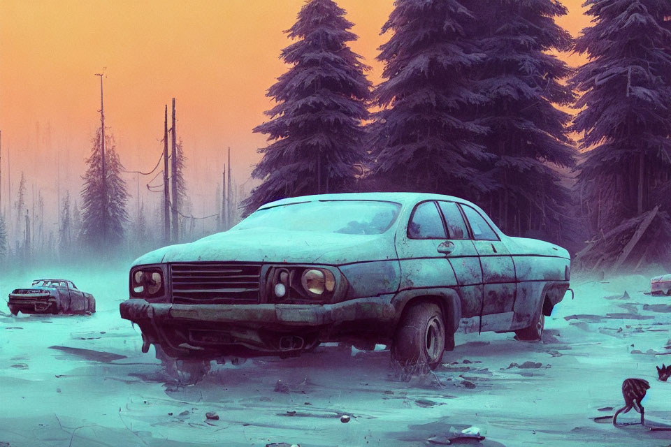 Abandoned car in snowy landscape with dead trees and telephone poles at dusk