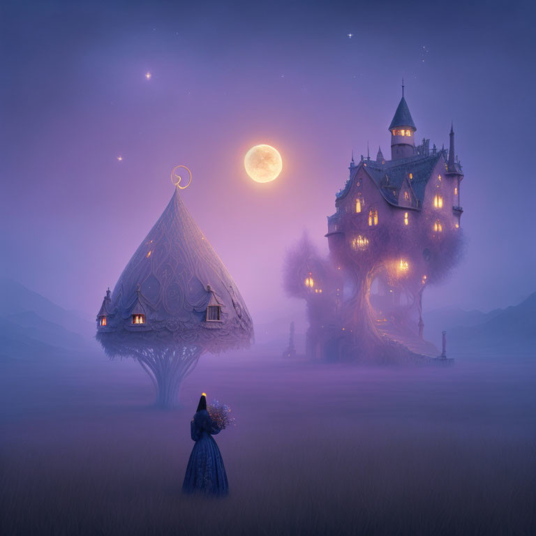 Woman in blue dress under glowing tree gazes at floating castle under full moon