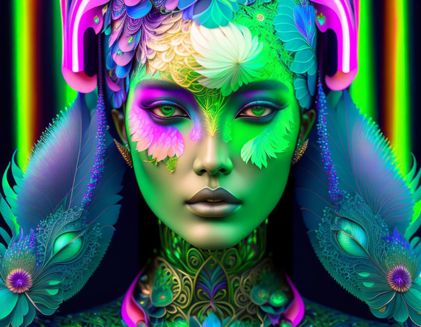 Vibrant digital artwork: female figure with peacock feathers, neon makeup, ornate headphones