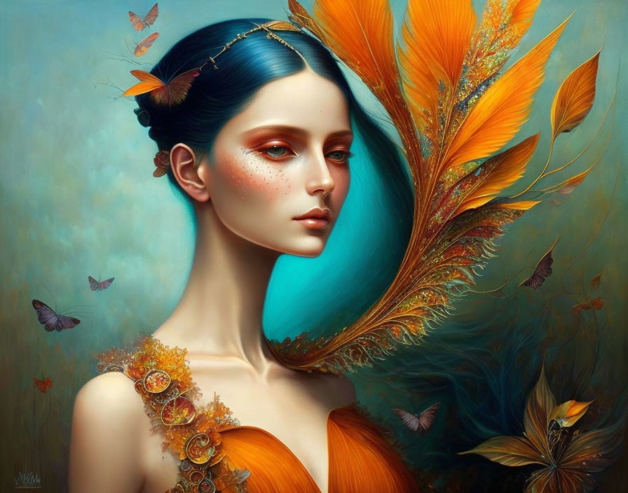 Fantastical portrait of woman with blue hair, feathers, butterflies in surreal environment