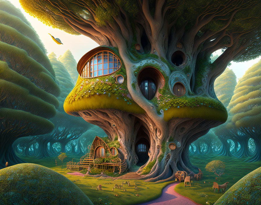 Whimsical landscape with magical tree house, fantastical plants, and grazing animals