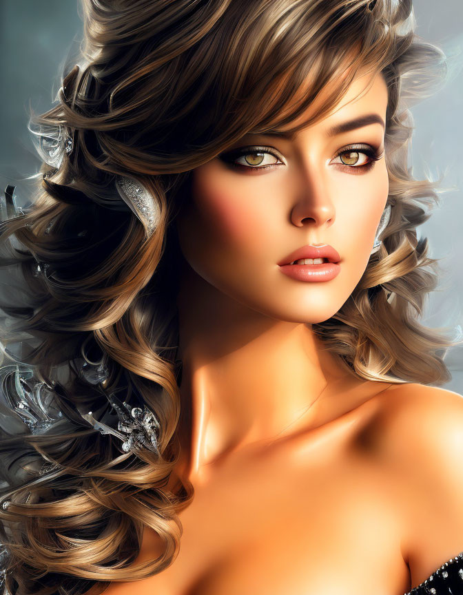 Woman with Voluminous Brown Hair and Crystal Accessories in Digital Art