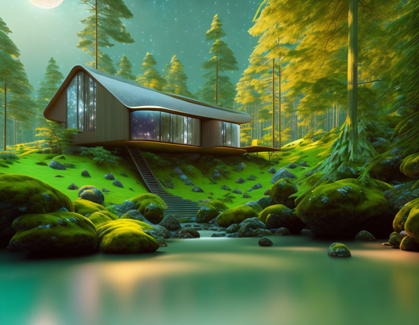 Modern Cabin Surrounded by Rocks, Pine Trees, and Lake in Green Forest