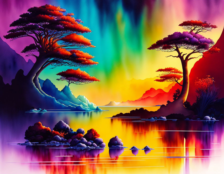 Colorful Landscape with Stylized Trees and Reflective Water