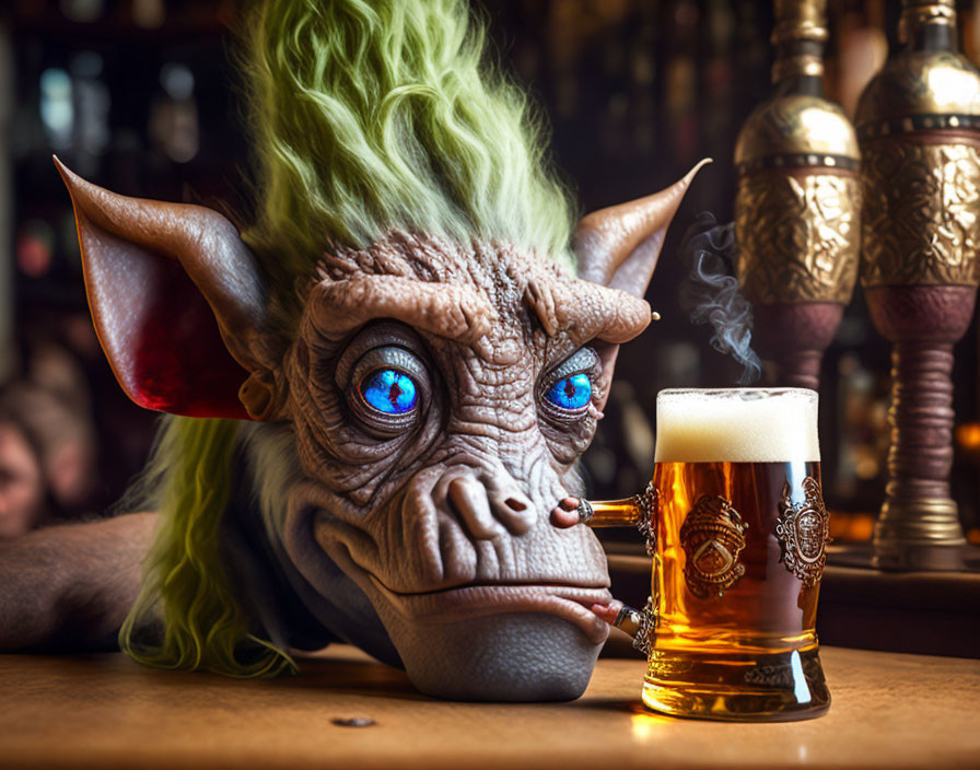 Horned creature with blue eyes smoking at bar with beer mug