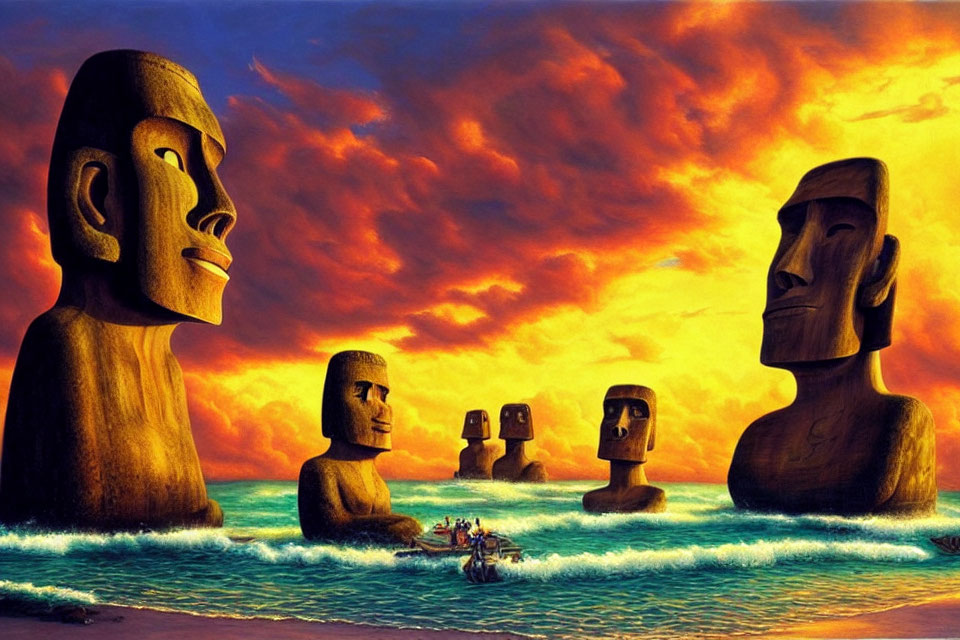 Moai statues at sunset with vibrant orange skies and boat