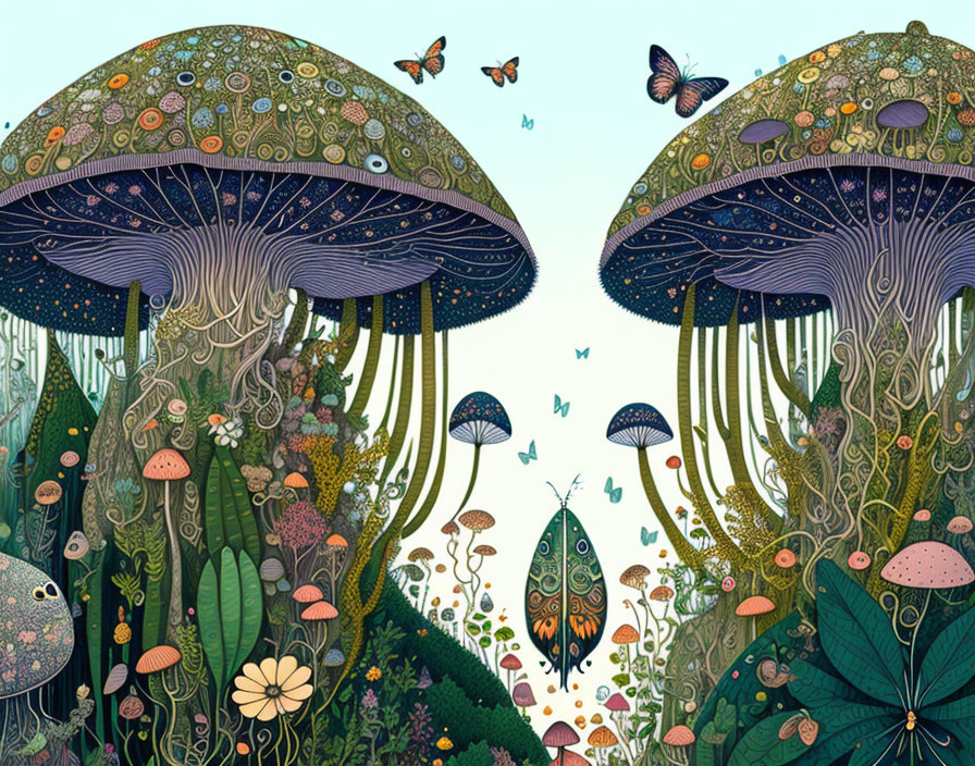 Stylized ornate mushrooms in whimsical forest scene