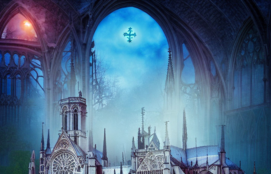 Gothic Cathedral with Intricate Architecture and Snowflake Symbol in Blue Tones