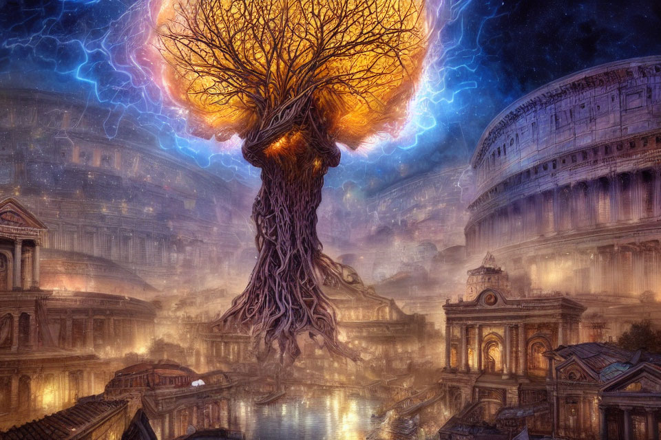 Mystical glowing tree in ancient illuminated ruins under stormy sky