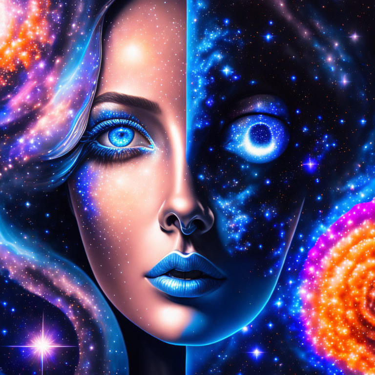 Digital artwork: Woman's face split between human and cosmic elements