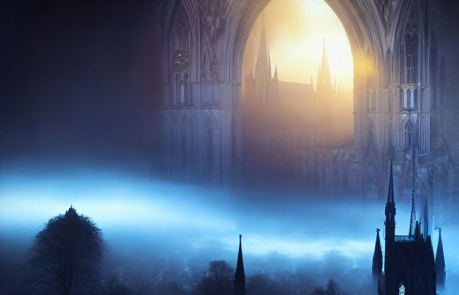 Gothic cathedral silhouette in misty twilight landscape