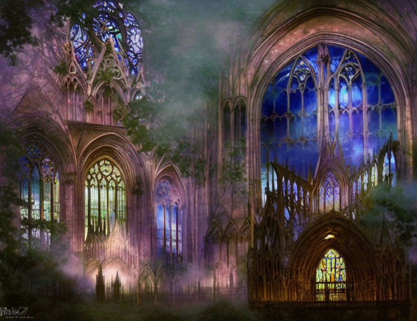 Ethereal Gothic cathedral with towering spires and stained-glass windows