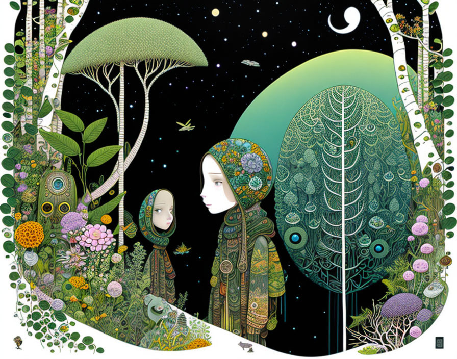 Whimsical illustration of two female figures in lush forest