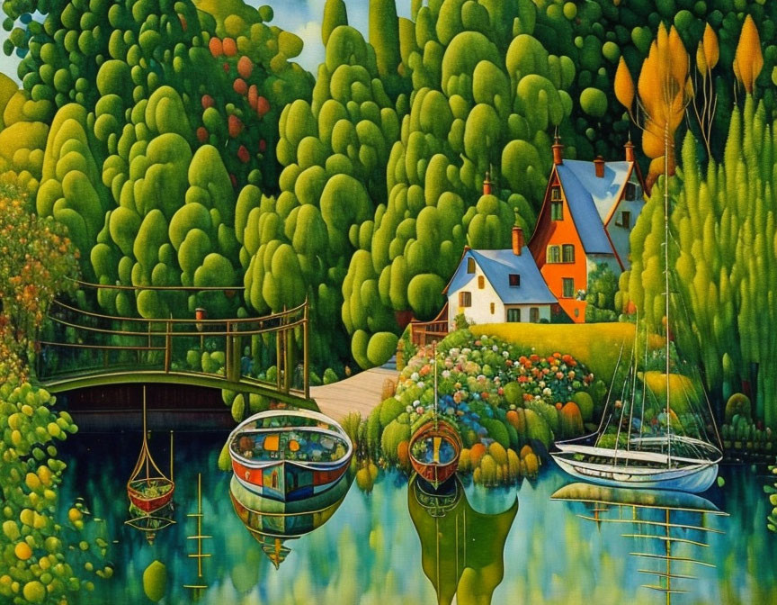 Colorful landscape with rounded trees, river, sailboats, house, and footbridge