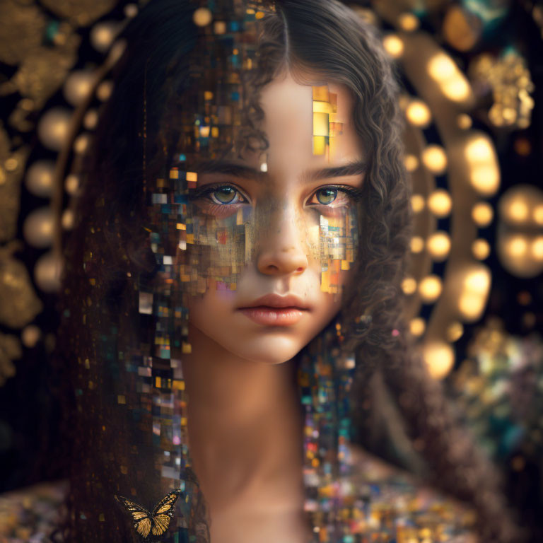 Fragmented Pixelated Digital Portrait of Girl with Bokeh Background and Butterfly