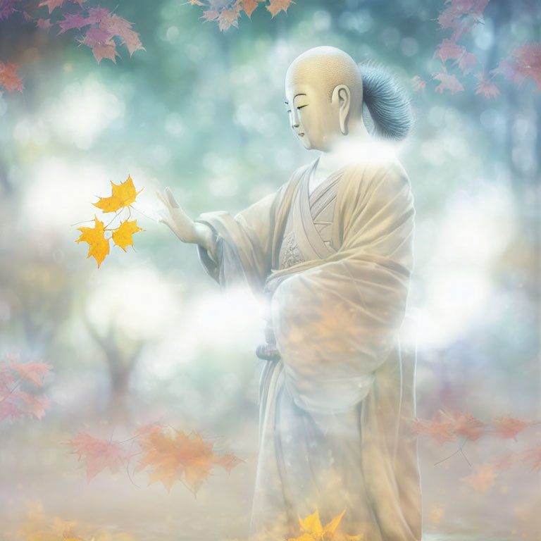 Serene monk surrounded by autumn leaves in ethereal forest