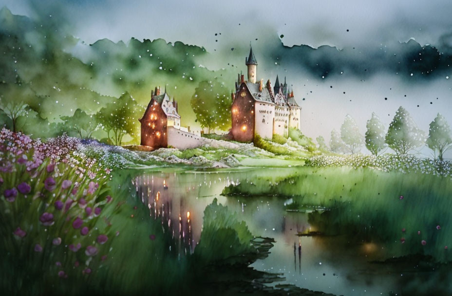 Scenic watercolor painting of fairy-tale castle in lush greenery