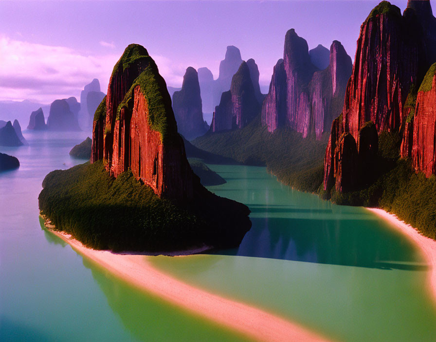 Karst mountains, river, and lush greenery at twilight