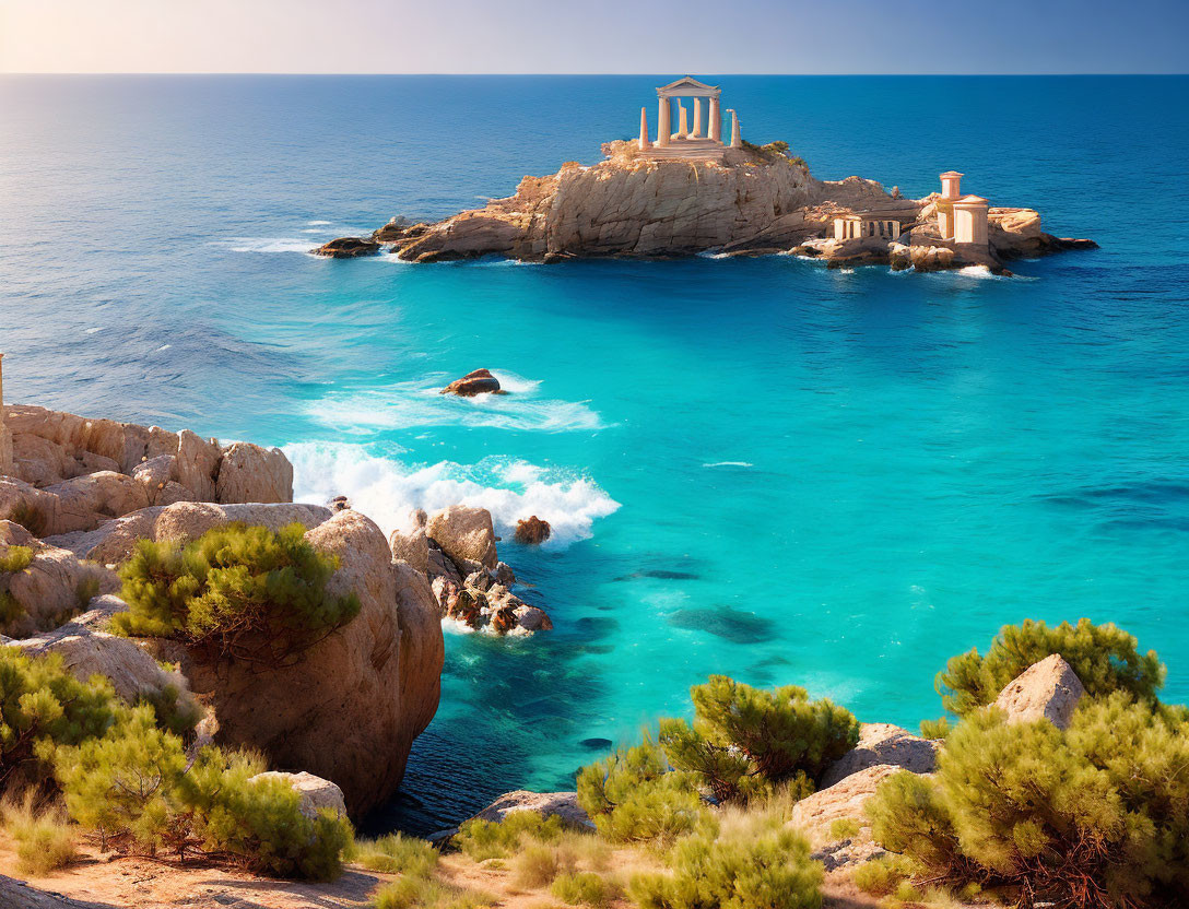 Rocky Outcrop with Classical Ruins Overlooking Turquoise Sea