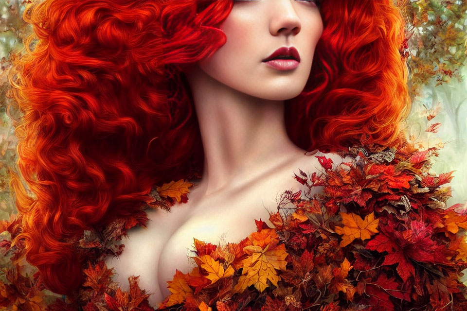 Woman with Vibrant Red Curly Hair and Autumn Leaves in Soft-Focus Nature Scene