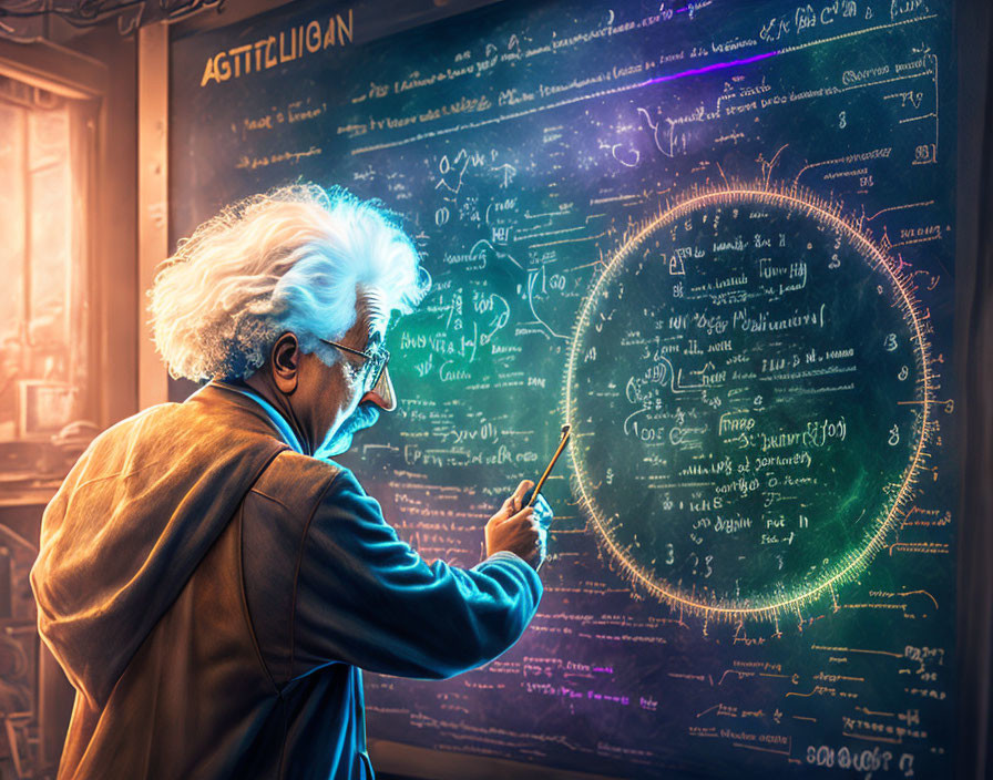 Scientific diagram with Einstein look-alike writing equations on chalkboard