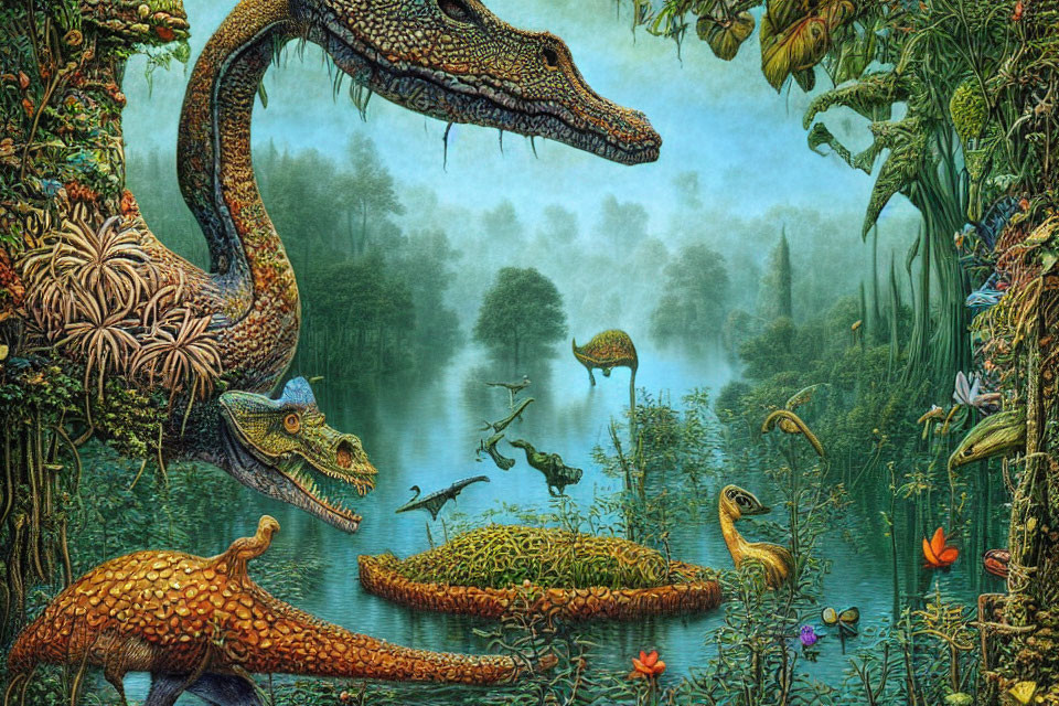 Detailed prehistoric swamp scene with dinosaurs and lush vegetation