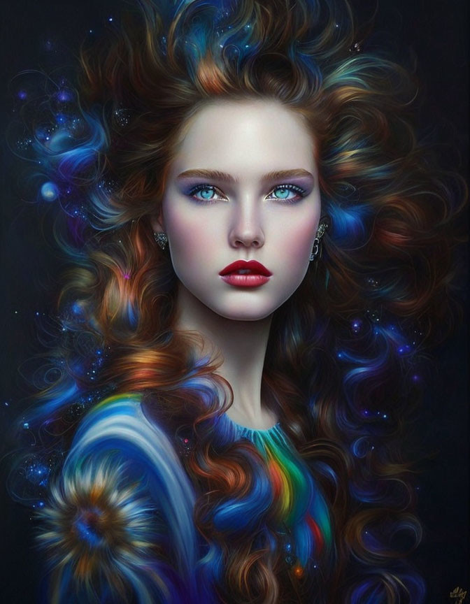 Digital portrait: Woman with blue eyes & multicolored hair in cosmic pattern on dark background