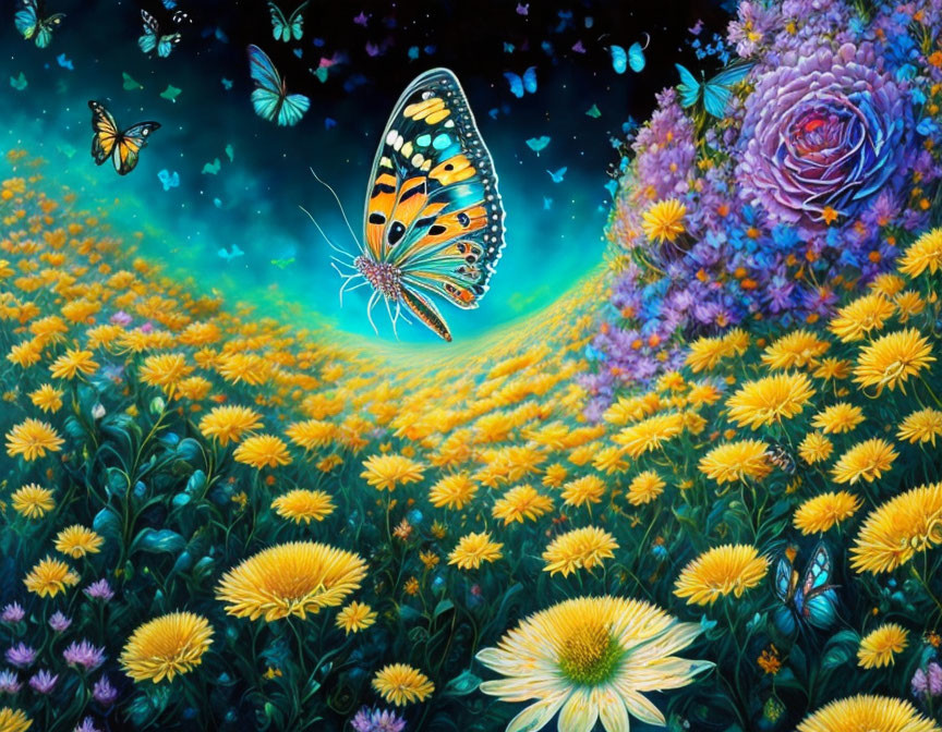 Colorful digital artwork: Butterfly on flower in starry field