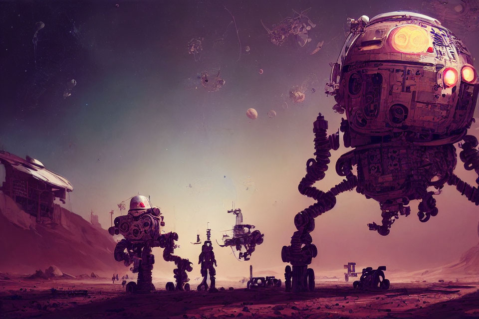 Sci-fi scene: robots on alien planet with hovering spherical robot