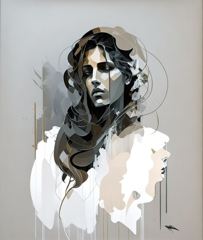 Abstract grayscale portrait with fluid shapes blending into hair and silhouette