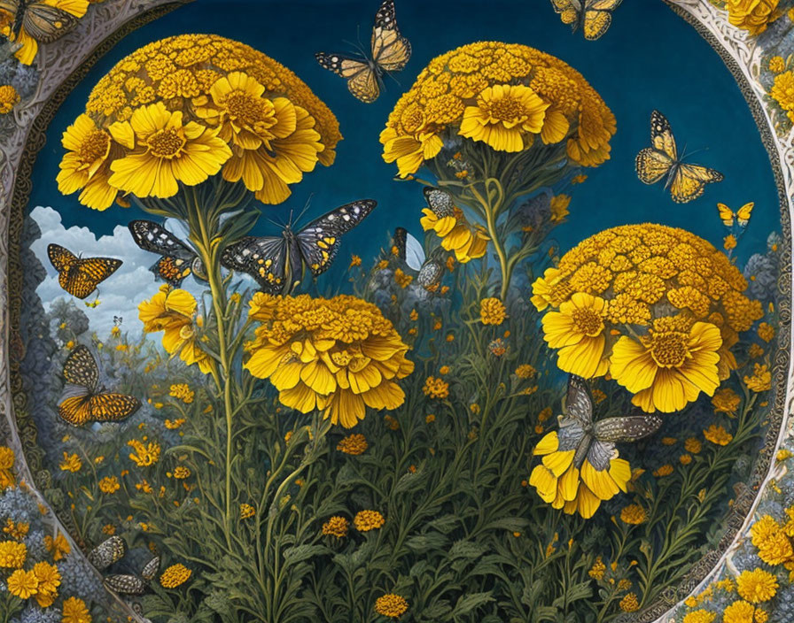 Ornate Frame Surrounds Vibrant Yellow Marigold Flowers & Butterflies