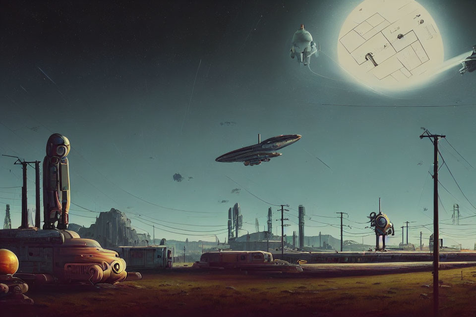 Futuristic sci-fi landscape with spacecraft, hovering city, robots, and desert under starry sky