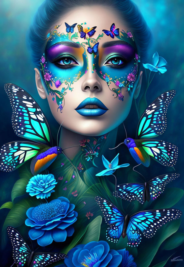 Colorful woman portrait with blue skin and butterfly makeup against teal background