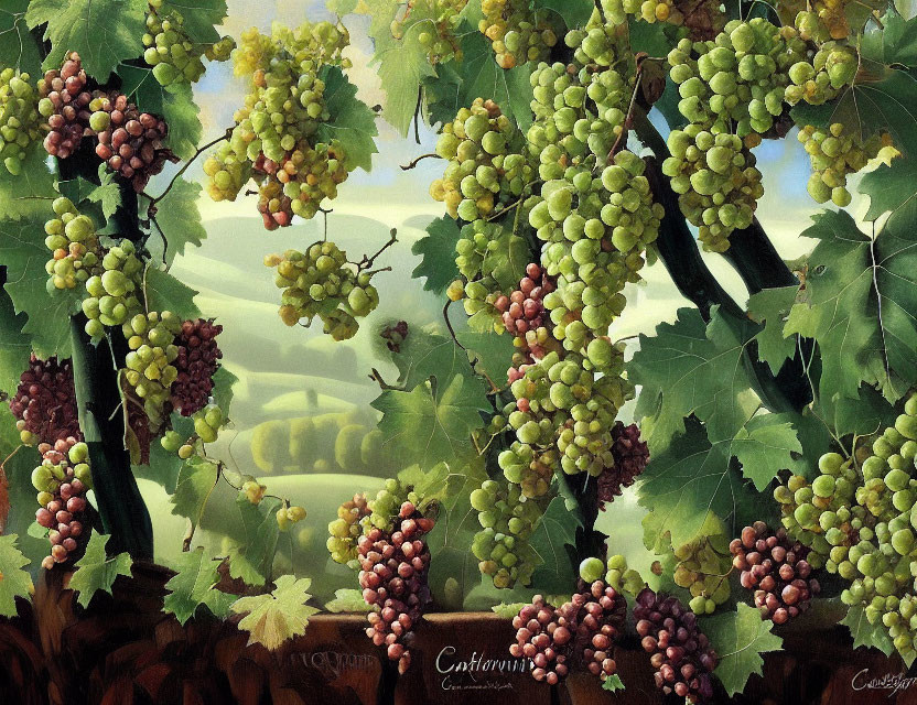 Vibrant grapevine painting with green and purple clusters, leaves, and landscape.