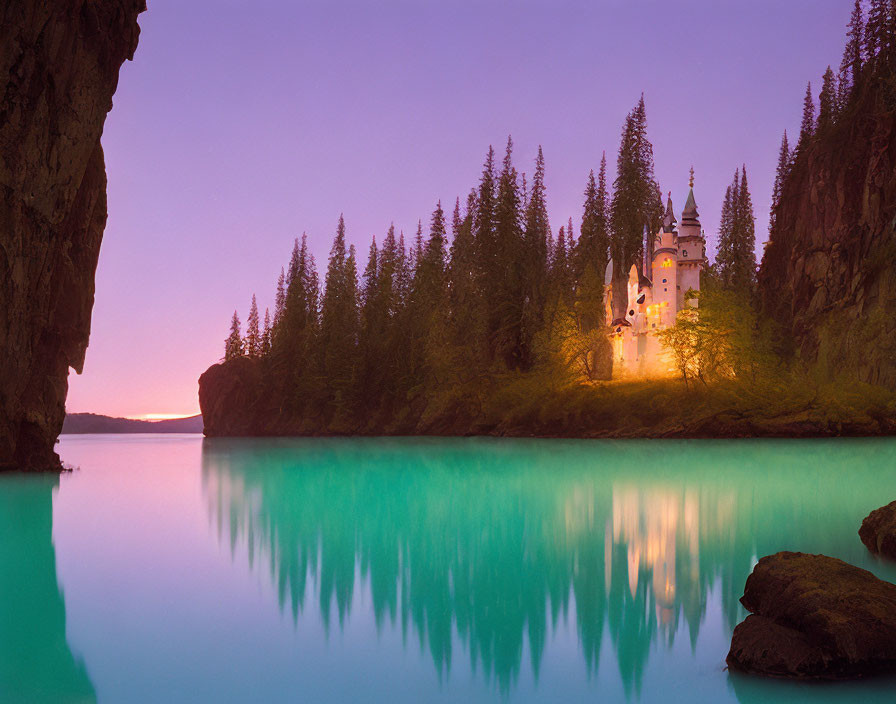 Enchanting fairytale castle at dusk by turquoise lake