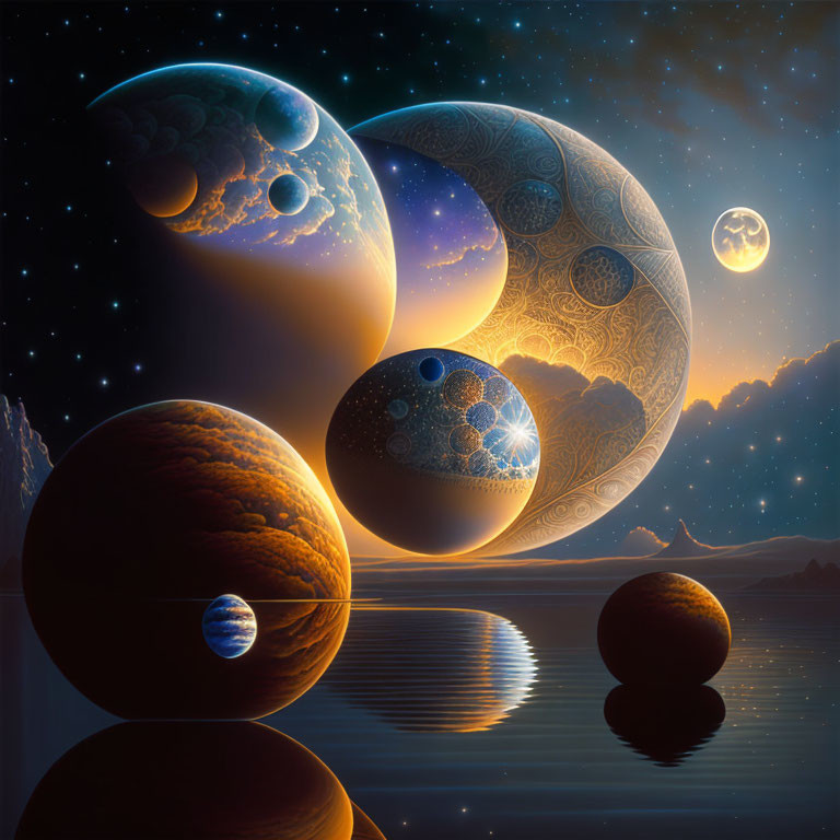 Surreal cosmic scene: ornate planets and moons reflected in calm lake