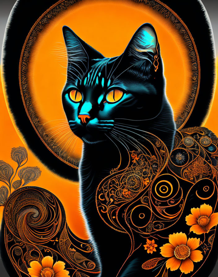 Colorful digital artwork: Black cat with orange and yellow patterns