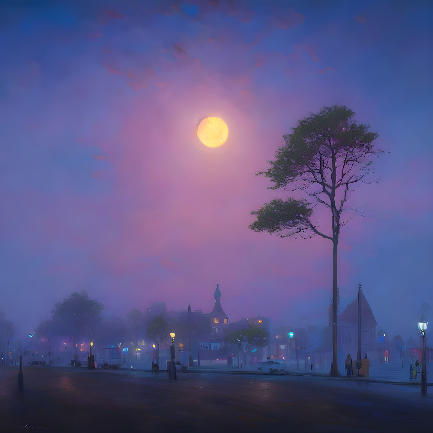 Tranquil town square at misty evening with large moon, silhouettes of people, vibrant